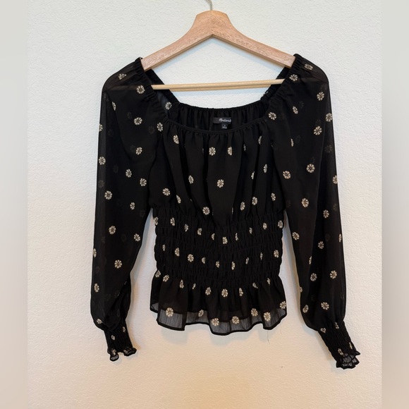 Madewell Tops - Madewell Floral Blouse Smocked Squareneck Size Small Black and Cream